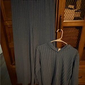 Wide-Leg Ribbed Lounge Pants in Slate Blue